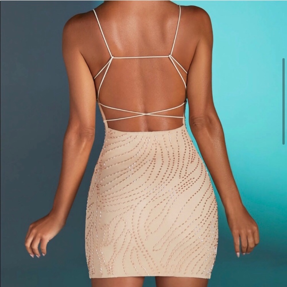 Nantes Embellished Multi-strap Mini Dress in Sand